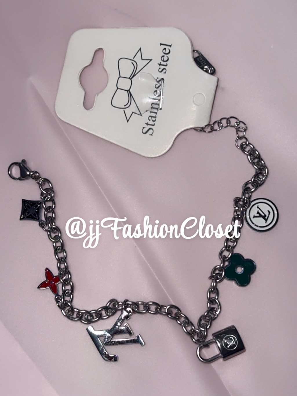 Stainless Steel Silver Charm Bracelet With Logo And Floral Accents